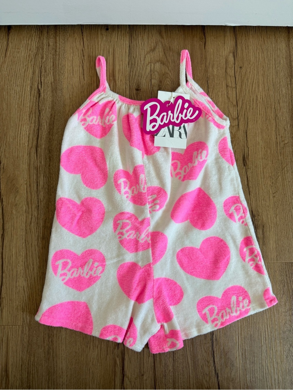 zara kids • 3t • barbie terry cloth romper hot pink white heart - Picture 2 of 3